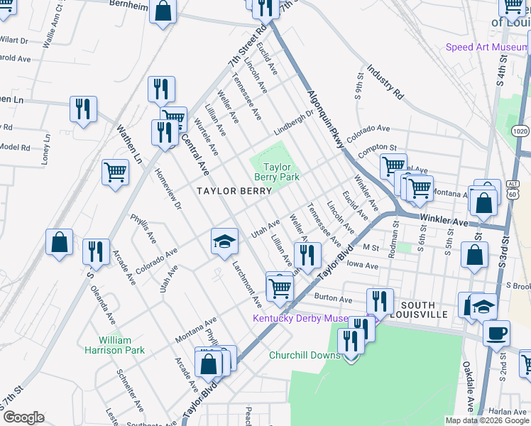 map of restaurants, bars, coffee shops, grocery stores, and more near 1315 Lillian Avenue in Louisville