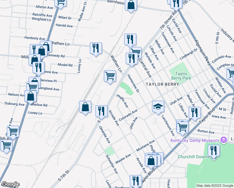 map of restaurants, bars, coffee shops, grocery stores, and more near 2753 7th Street Road in Louisville