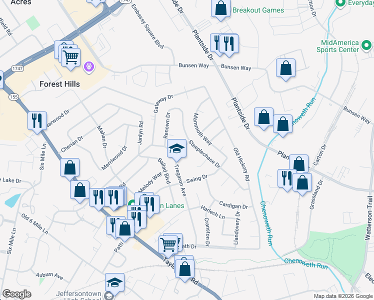map of restaurants, bars, coffee shops, grocery stores, and more near 9902 Welshpool Court in Jeffersontown
