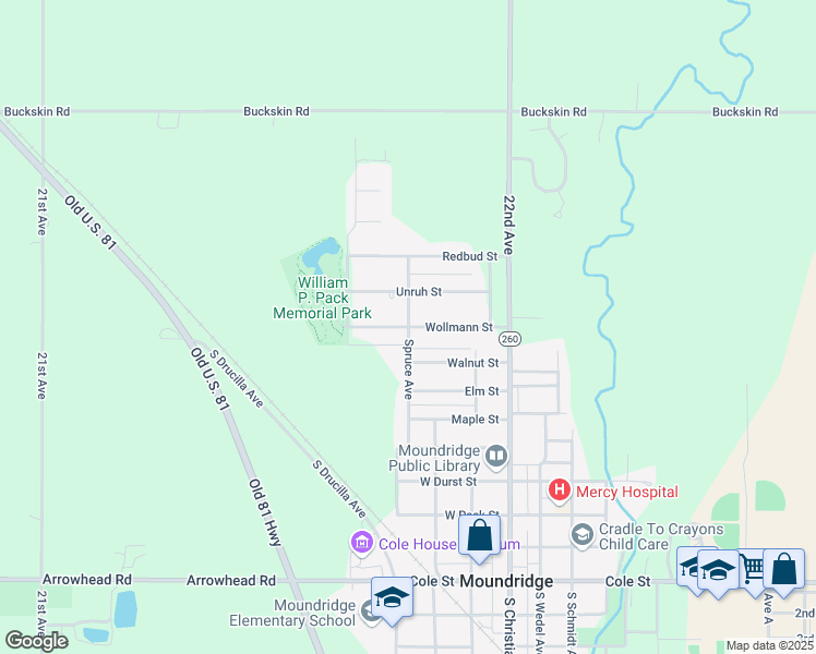 map of restaurants, bars, coffee shops, grocery stores, and more near Wollmann Street in Moundridge
