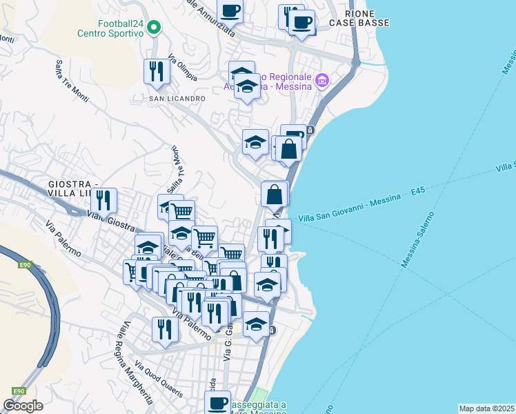 map of restaurants, bars, coffee shops, grocery stores, and more near 121 Viale Regina Elena in Messina
