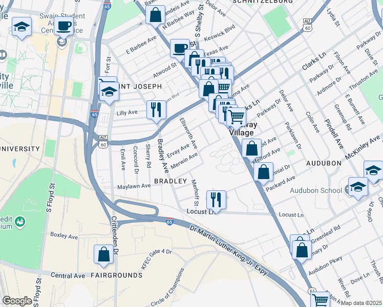 map of restaurants, bars, coffee shops, grocery stores, and more near 643 Merwin Avenue in Louisville