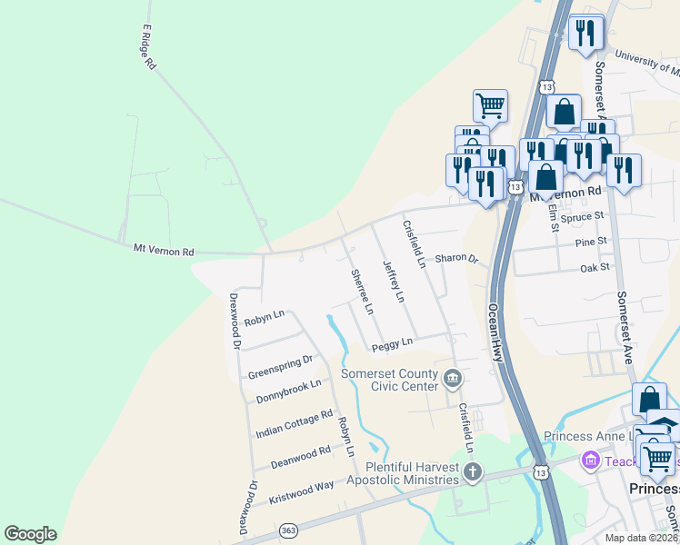 map of restaurants, bars, coffee shops, grocery stores, and more near 12010 Sherree Lane in Princess Anne