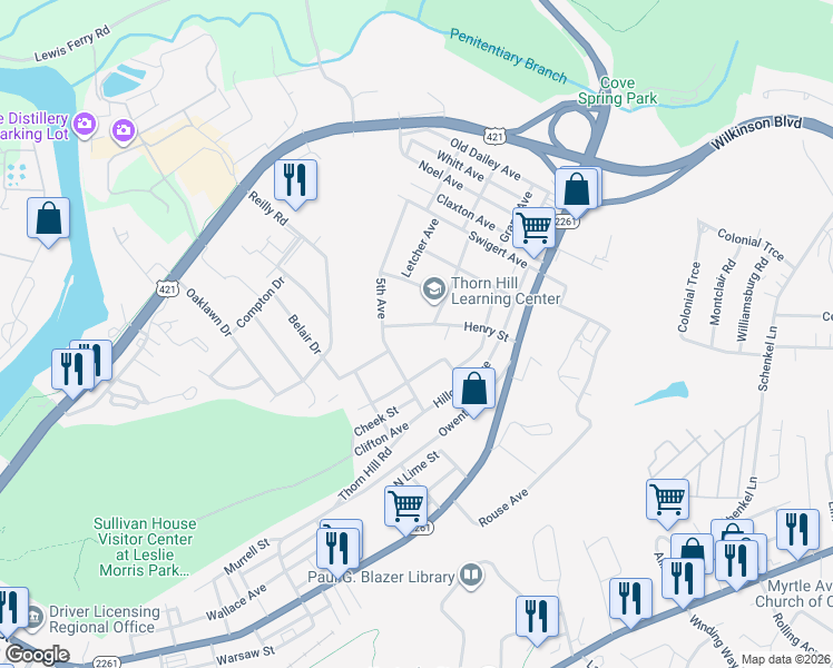 map of restaurants, bars, coffee shops, grocery stores, and more near 307 Henry Street in Frankfort