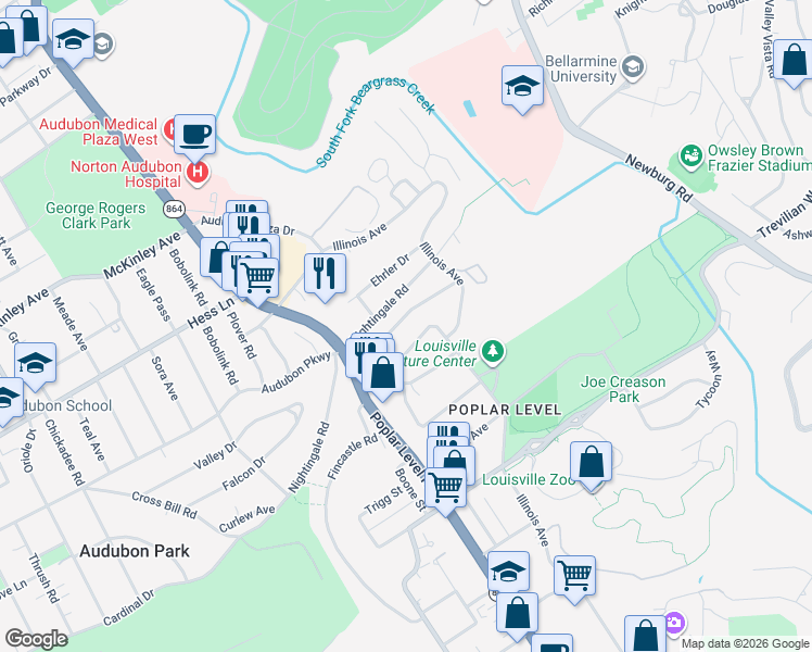 map of restaurants, bars, coffee shops, grocery stores, and more near 1610 Whippoorwill Rd in Louisville