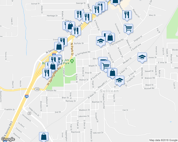 map of restaurants, bars, coffee shops, grocery stores, and more near 303 Pine Street in Sullivan