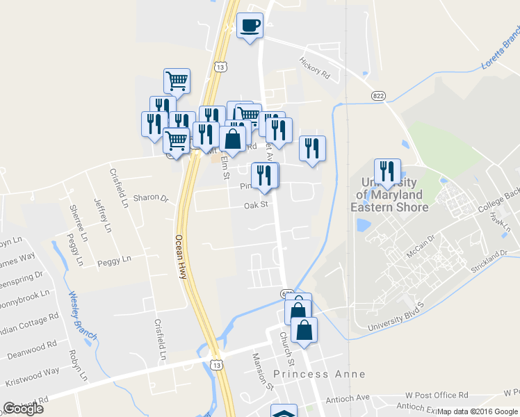 map of restaurants, bars, coffee shops, grocery stores, and more near 30445 Oak St in Princess Anne