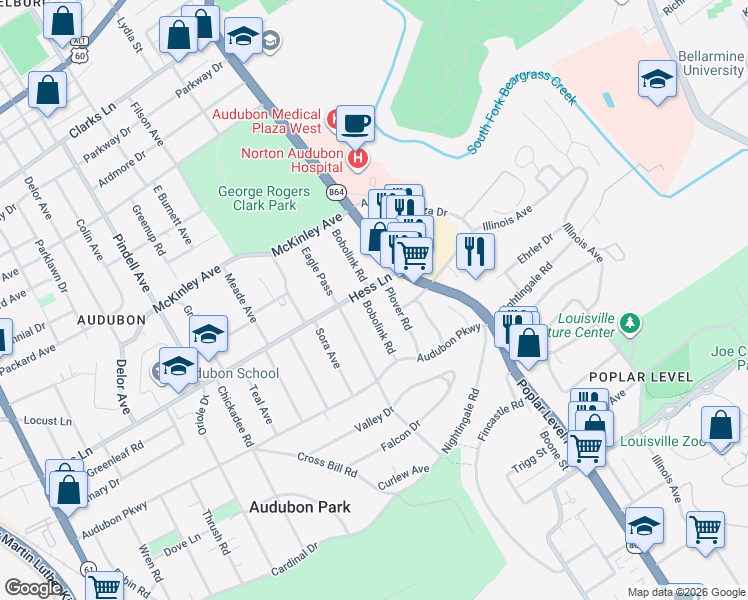 map of restaurants, bars, coffee shops, grocery stores, and more near 3105 Bobolink Road in Louisville
