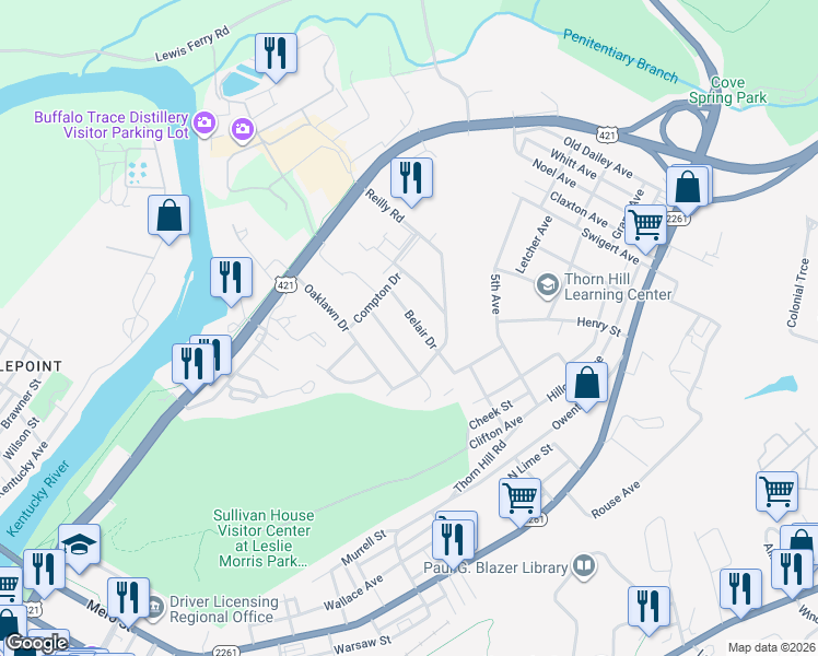 map of restaurants, bars, coffee shops, grocery stores, and more near 140 Belair Drive in Frankfort