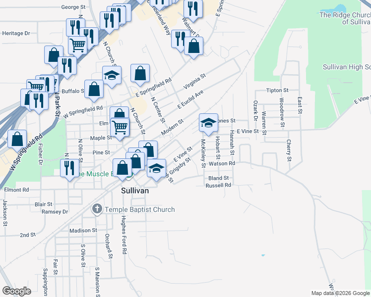 map of restaurants, bars, coffee shops, grocery stores, and more near 35 South Center Street in Sullivan
