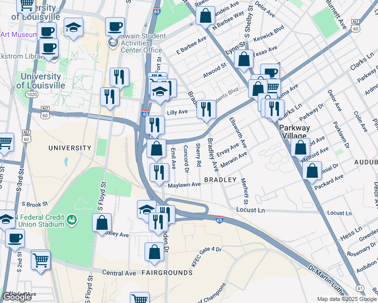 map of restaurants, bars, coffee shops, grocery stores, and more near 2403 Concord Drive in Louisville