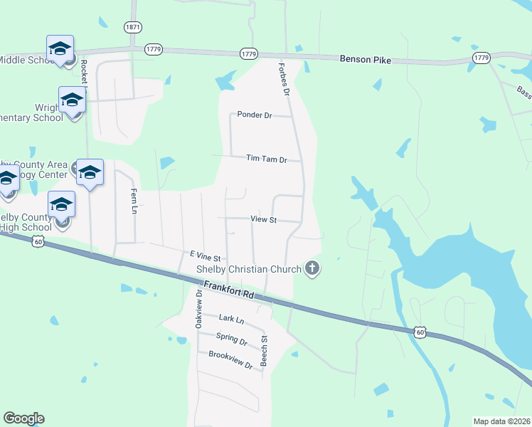 map of restaurants, bars, coffee shops, grocery stores, and more near 2121 View Street in Shelbyville