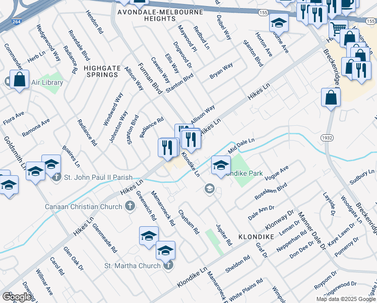 map of restaurants, bars, coffee shops, grocery stores, and more near 3000R Hikes Lane in Louisville