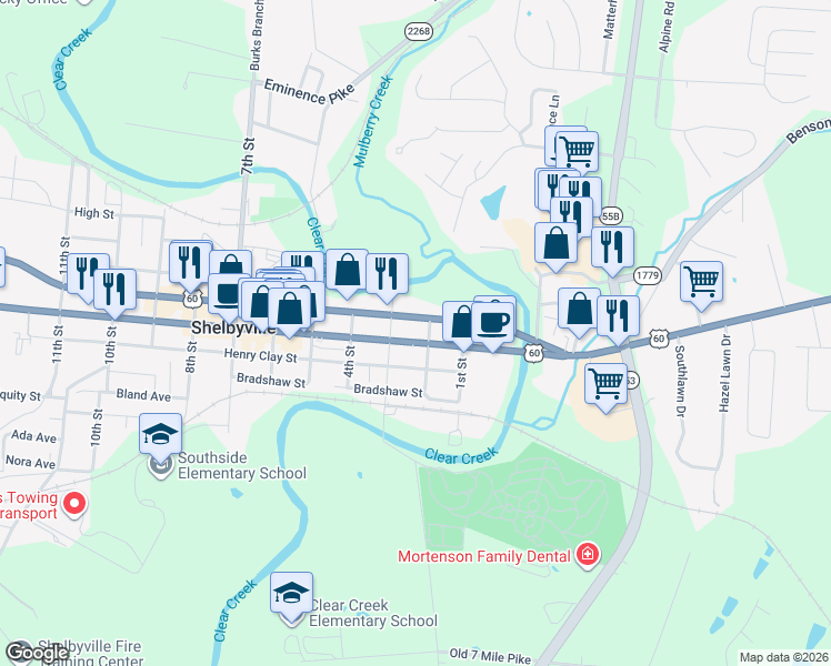 map of restaurants, bars, coffee shops, grocery stores, and more near 213 Main Street in Shelbyville