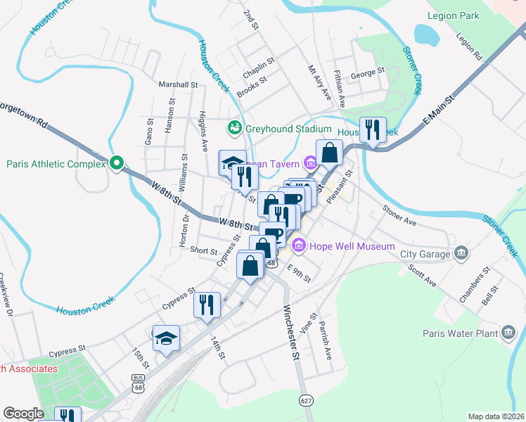 map of restaurants, bars, coffee shops, grocery stores, and more near 131 West 7th Street in Paris