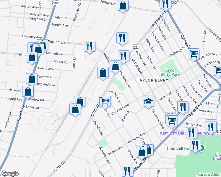 map of restaurants, bars, coffee shops, grocery stores, and more near 2753 7th Street Road in Louisville