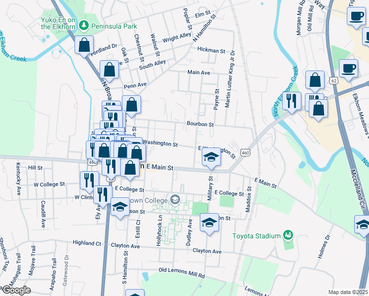 map of restaurants, bars, coffee shops, grocery stores, and more near 400 East Washington Street in Georgetown