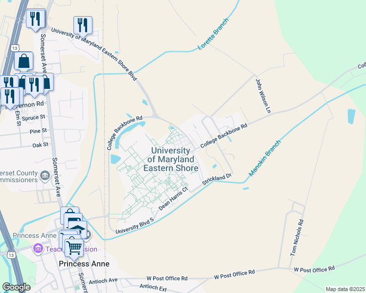 map of restaurants, bars, coffee shops, grocery stores, and more near Princess Anne Avenue in Princess Anne