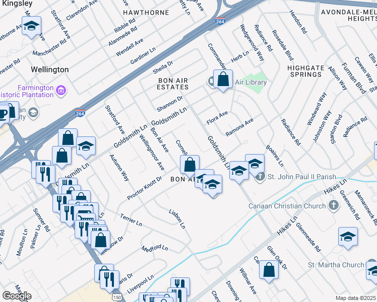 map of restaurants, bars, coffee shops, grocery stores, and more near 3327 Cornelia Drive in Louisville