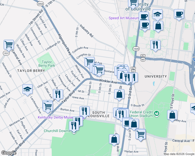 map of restaurants, bars, coffee shops, grocery stores, and more near 609 Winkler Avenue in Louisville