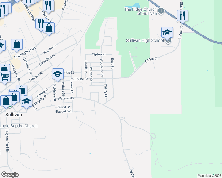 map of restaurants, bars, coffee shops, grocery stores, and more near 515 East Street in Sullivan