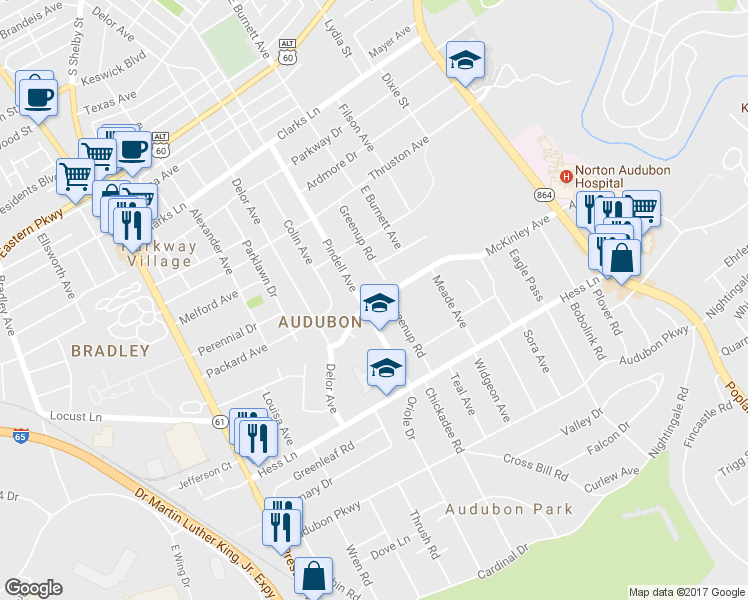 map of restaurants, bars, coffee shops, grocery stores, and more near 907 McKinley Avenue in Louisville