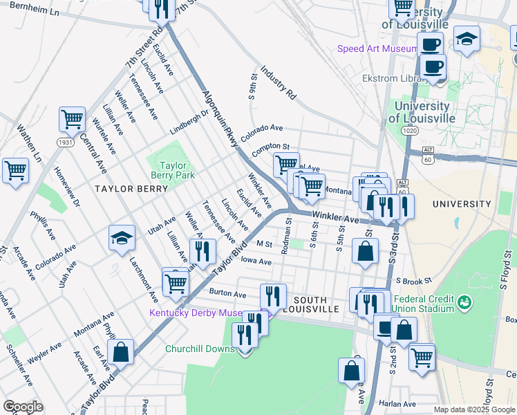 map of restaurants, bars, coffee shops, grocery stores, and more near 2715 Montana Avenue in Louisville
