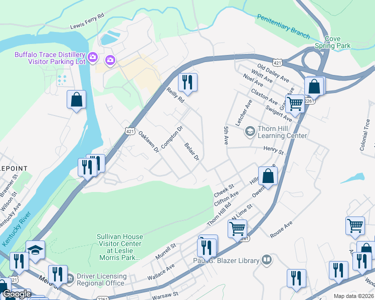 map of restaurants, bars, coffee shops, grocery stores, and more near 140 Belair Drive in Frankfort