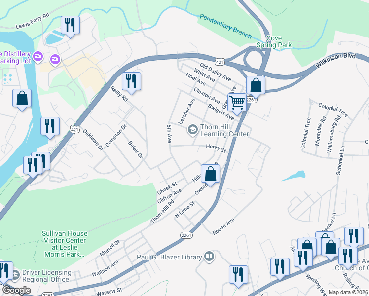 map of restaurants, bars, coffee shops, grocery stores, and more near 307 Henry Street in Frankfort