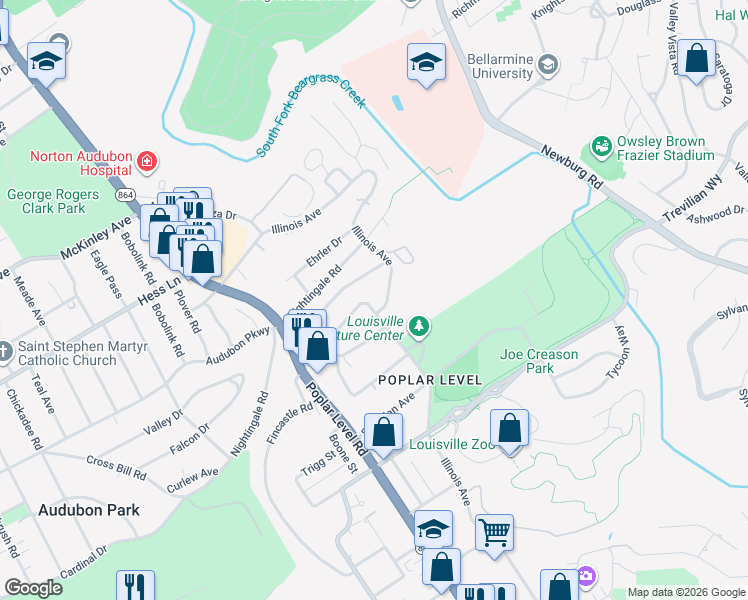 map of restaurants, bars, coffee shops, grocery stores, and more near 1727 Quarry Hill Rd in Louisville