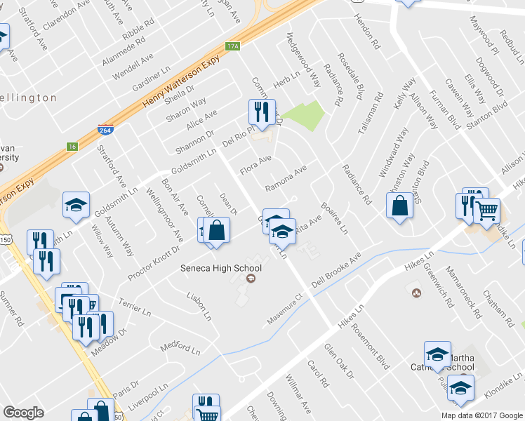 map of restaurants, bars, coffee shops, grocery stores, and more near 3327 Goldsmith Lane in Louisville