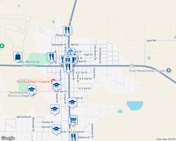 map of restaurants, bars, coffee shops, grocery stores, and more near 118 Prairie Street in Red Bud