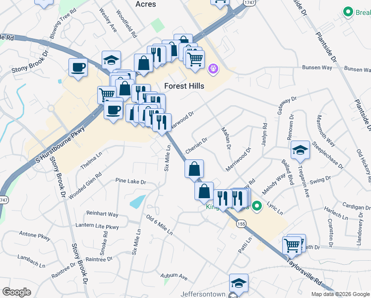 map of restaurants, bars, coffee shops, grocery stores, and more near 9213 Taylorsville Road in Louisville
