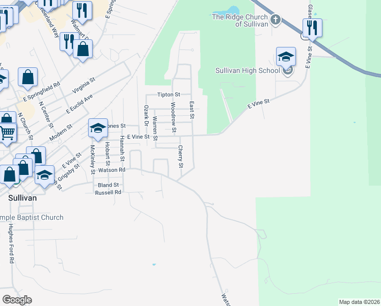 map of restaurants, bars, coffee shops, grocery stores, and more near 515 East Street in Sullivan
