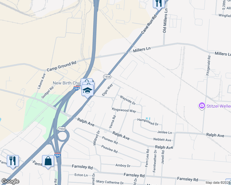 map of restaurants, bars, coffee shops, grocery stores, and more near 3906 Wayside Drive in Shively