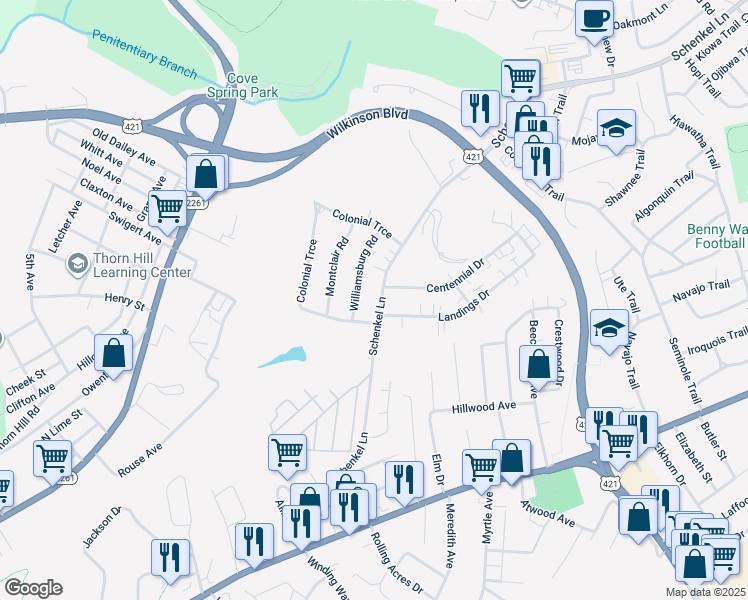 map of restaurants, bars, coffee shops, grocery stores, and more near 420 Schenkel Lane in Frankfort