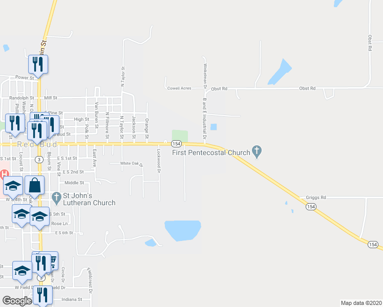 map of restaurants, bars, coffee shops, grocery stores, and more near in Red Bud