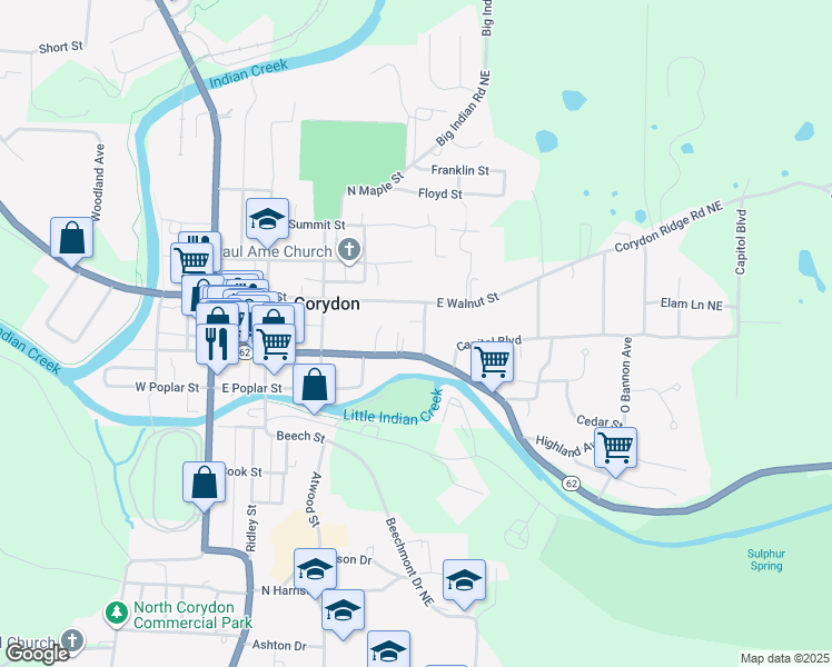 map of restaurants, bars, coffee shops, grocery stores, and more near 500 College Avenue in Corydon