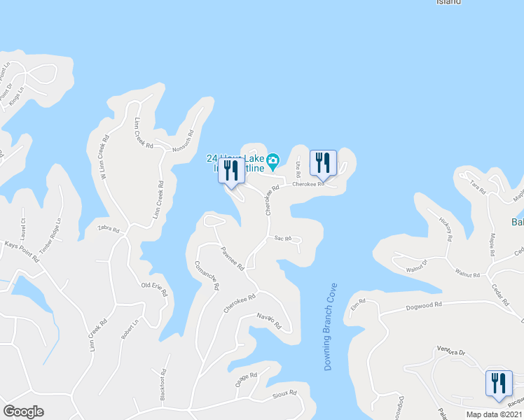map of restaurants, bars, coffee shops, grocery stores, and more near 1699 Cherokee Road in Lake Ozark