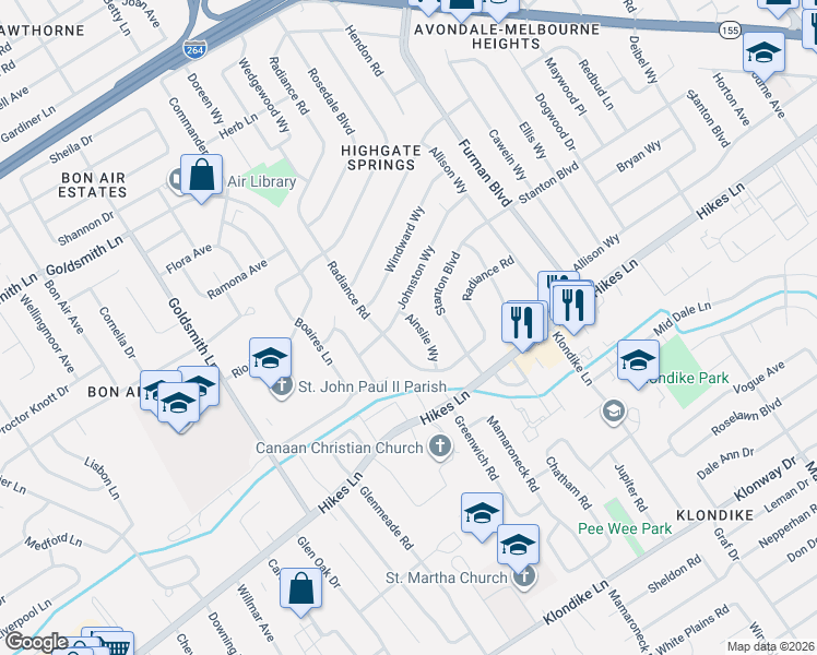 map of restaurants, bars, coffee shops, grocery stores, and more near 3211 Ainslie Way in Louisville