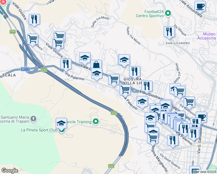 map of restaurants, bars, coffee shops, grocery stores, and more near 409 Via Palermo in Messina
