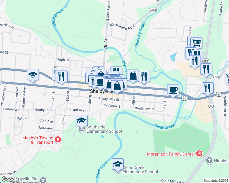 map of restaurants, bars, coffee shops, grocery stores, and more near 543 Main Street in Shelbyville