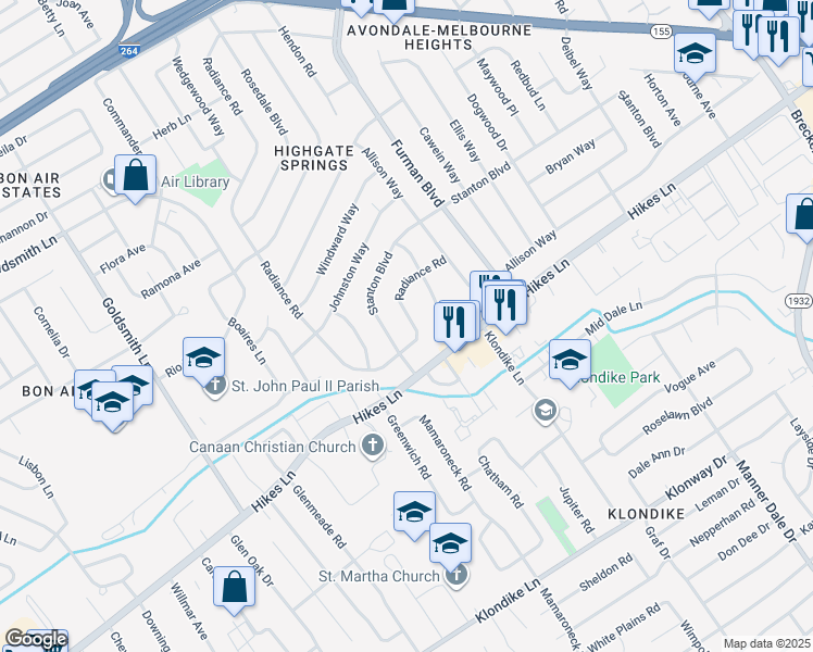 map of restaurants, bars, coffee shops, grocery stores, and more near 3604 Stanton Boulevard in Louisville