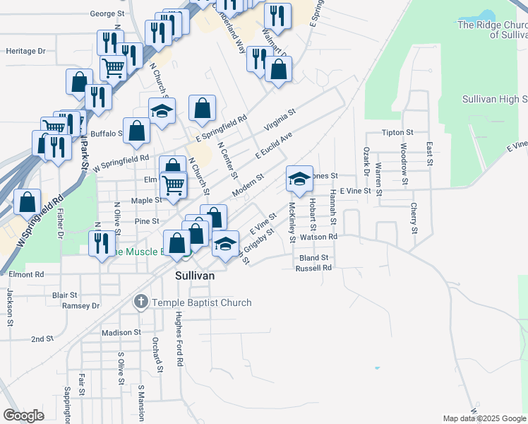 map of restaurants, bars, coffee shops, grocery stores, and more near 34 South Center Street in Sullivan
