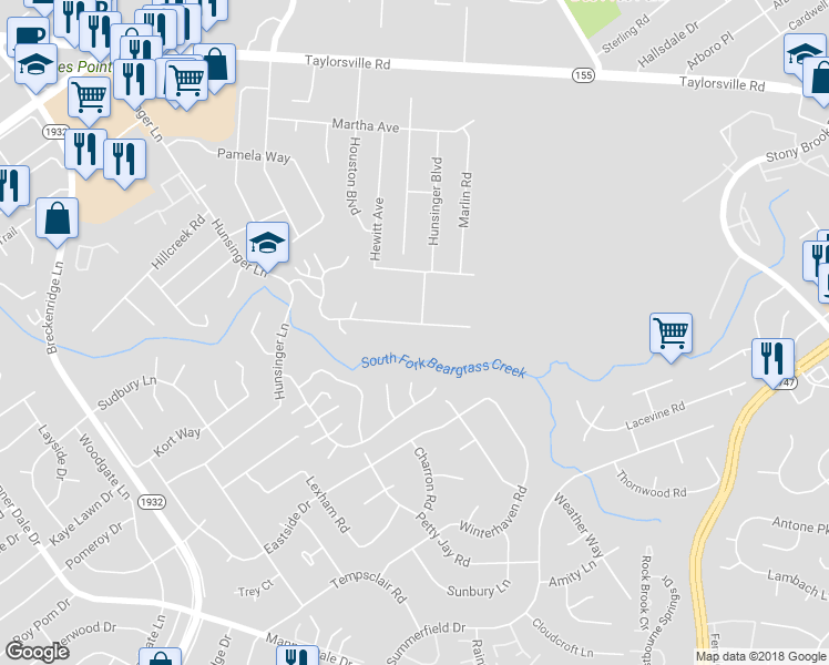 map of restaurants, bars, coffee shops, grocery stores, and more near 4212 Dolphin Road in Louisville