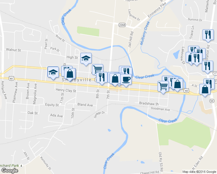 map of restaurants, bars, coffee shops, grocery stores, and more near Main St & 7th St in Shelbyville
