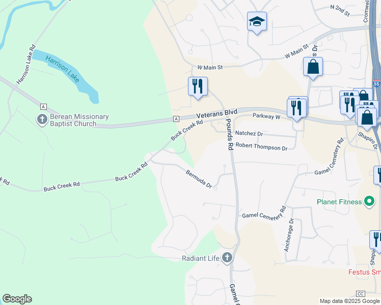 map of restaurants, bars, coffee shops, grocery stores, and more near 2170 Buck Creek Road in Festus