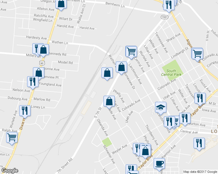 map of restaurants, bars, coffee shops, grocery stores, and more near 2758 Kentucky 1931 in Louisville