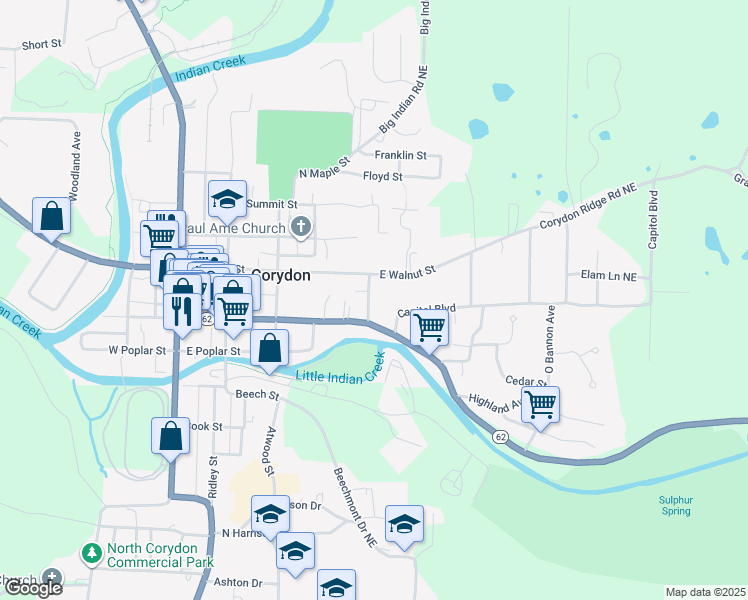 map of restaurants, bars, coffee shops, grocery stores, and more near 500 College Avenue in Corydon
