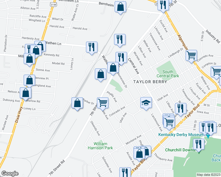 map of restaurants, bars, coffee shops, grocery stores, and more near 2753 7th Street Road in Louisville